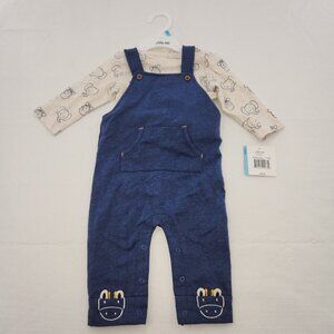 Little Me Baby Boys 6M Printed T-Shirt Top & French Terry Overalls White & Blue